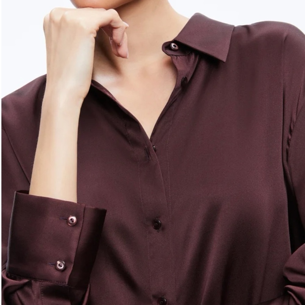 Alice + Olivia Finely Oversized Satin Shirt Toffee